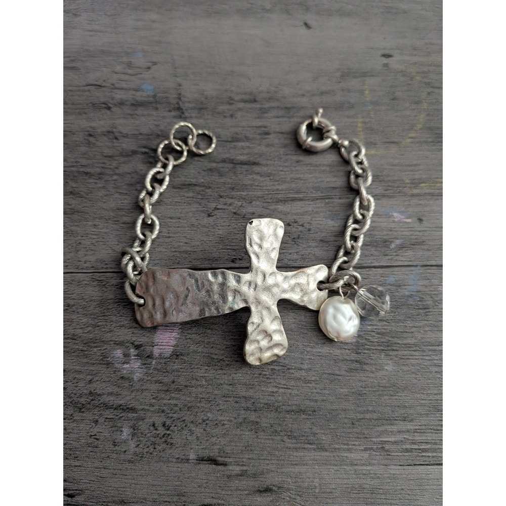 Silver Tone Hammered Cross Bracelet with Pearl and Crystal Charms Bohemian Style